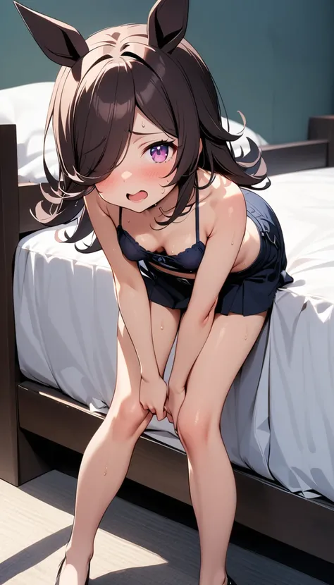 [One girl, Rice Shower (umamusume), umamusume],masterpiece,best quality,high resolution,nsfw,sweat embarrassed,full body on the bed leaning forward,small breasts,((nipple slip fromcrop top)),clothed,