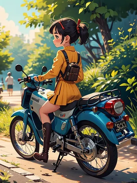 32k，uhd high resolution，octane rendering，steampunk，(hyper detail: 1.2)，young girl riding a super cub、morning，cute，very short sta...