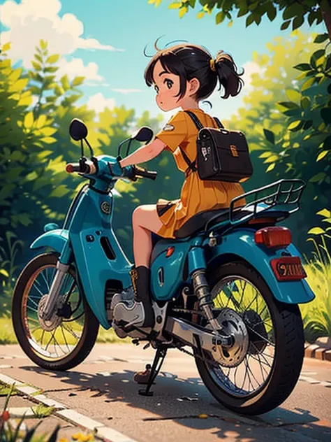 32k，uhd high resolution，octane rendering，steampunk，(hyper detail: 1.2)，young girl riding a super cub、morning，cute，very short sta...