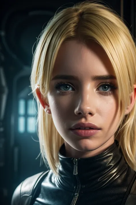 ((blonde Emma Roberts:1.2), alien attached to her face, scary spaceship interior, realistic, cinematic, 8k, high quality, hyper detailed, intricate, photorealistic, dramatic lighting, moody atmosphere, intricate textures, epic scale, masterpiece)