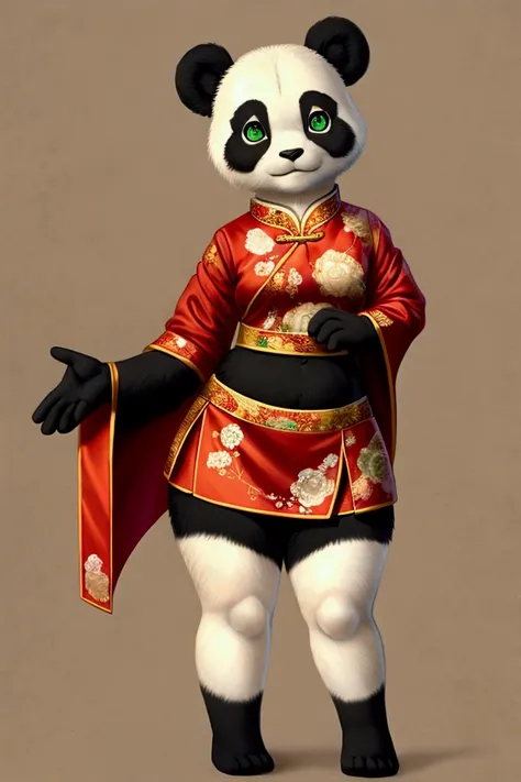 Slim female panda bear with nice big thighs and cute green eyes and is wearing a traditional Chinese dress with a full body mini skirt and is 8 years old.