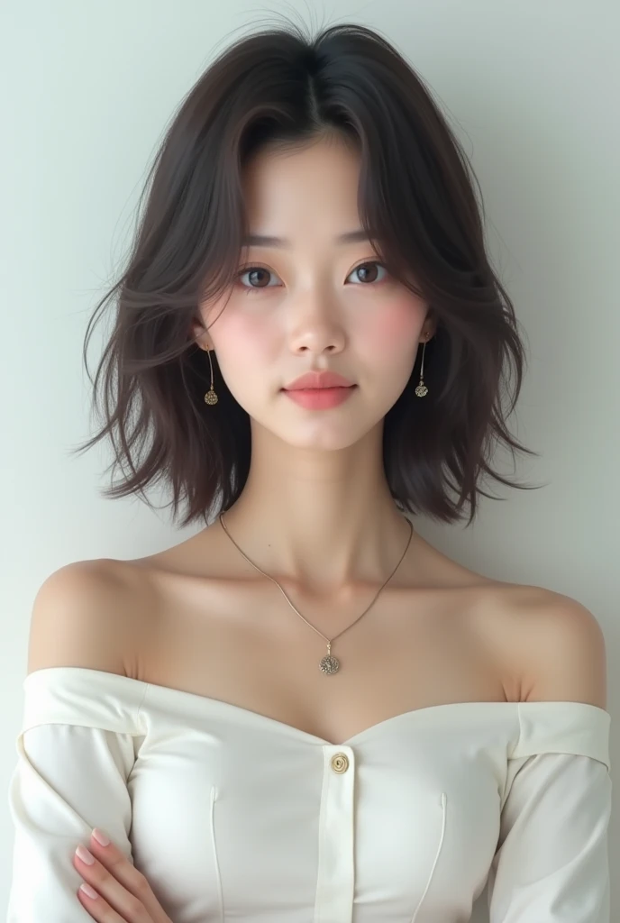  (japanese female news anchor:1.5), ,  (standing in front of a white wall:1.5), 35yo, (detailed beautiful japanese woman face:1.5), (off-shoulder:1.5 ),  intelligent, intellectual, chic, sophisticated, forehead, necklace, fine art, {{{masterpiece}}}, {{{be...