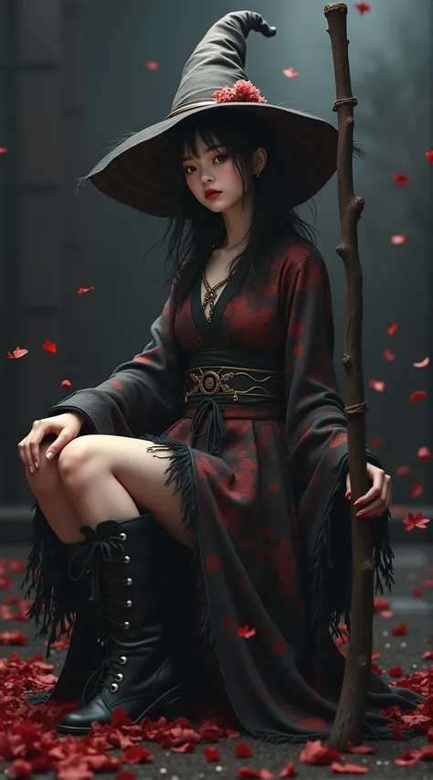 (upper thighs shot:1.a young Japanese witch in a gothic witch outfit mixed with a kimono and is wearing a witch hat and dark boots. hyper realism.