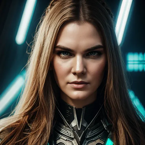 a hippie cyborg witch,lily rabe,beautiful detailed eyes,beautiful detailed lips,extremely detailed face and eyes,longeyelashes,intricate cyberpunk outfit,glowing cybernetic implants,futuristic technology,magical aura,ethereal lighting,neon colors,vibrant c...