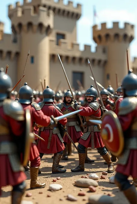 Miniature work of Turkish soldiers fighting with Byzantine soldiers in front of the castle
