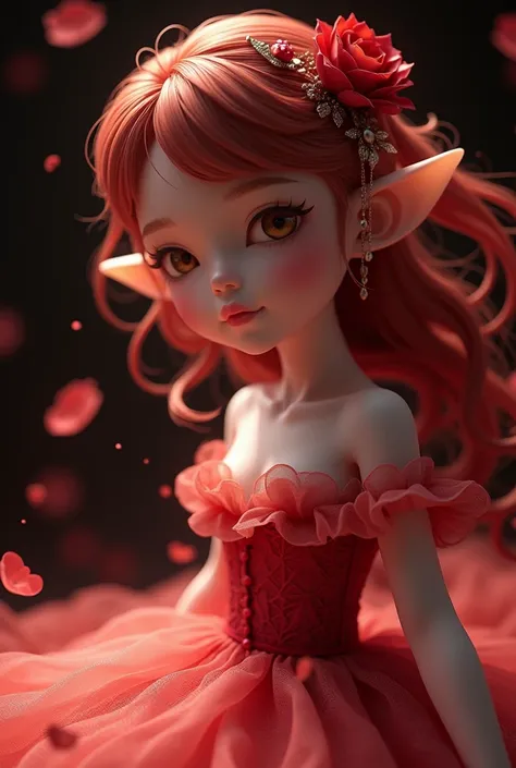 (close up:1.3), ultra detail, High quality CG rendering, The most delicate and beautiful., Floating gently, High resolution, (1 girl), (of the highest quality,4k,8k,masterpiece:1.2),2.5D, girl , elf, hair rose, withe dress, background black and red,