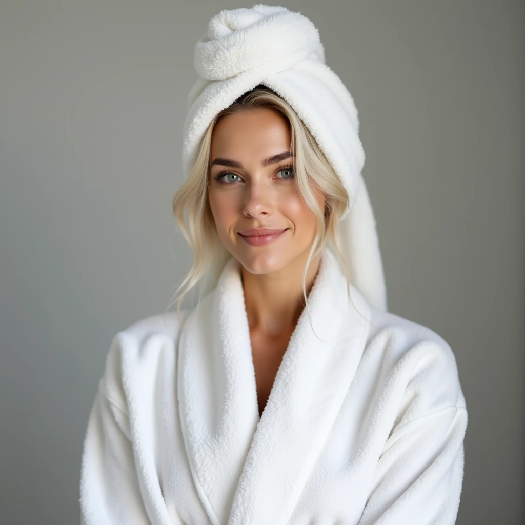 The image captures a woman in a relaxed, stylish moment of solitude. Shes dressed in a white bathrobe with a towel wrapped around her platinum blond hair, adding a touch of everyday luxury. The neutral grey background emphasizes her calm expression and the...