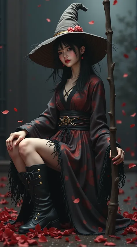 (upper thighs shot:1.a young Japanese witch in a gothic witch outfit mixed with a kimono and is wearing a witch hat and dark boots. hyper realism.