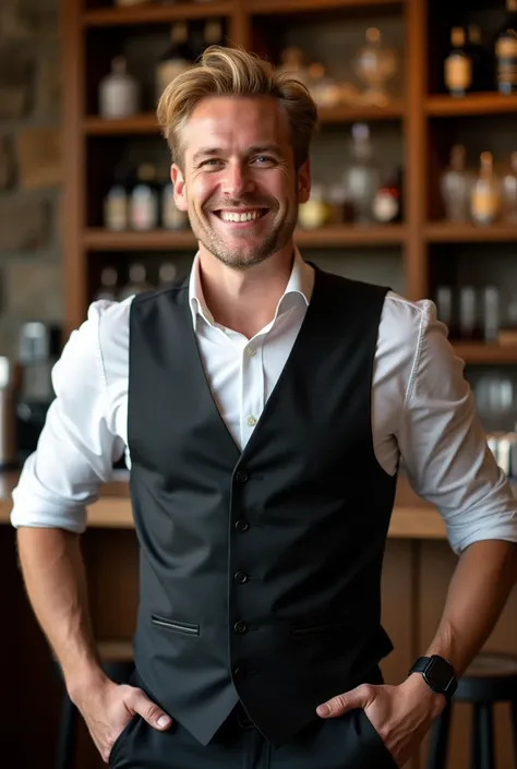 Very thin blond middle-aged man wearing a bartender outfit