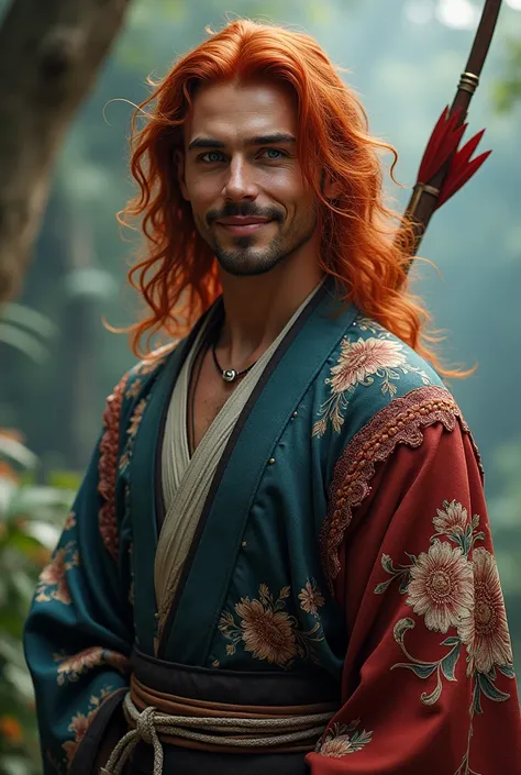 man of medium height, dark skin, long wavy red hair, dark blue eyes, smiling, wearing a kimono and carrying a bow and arrow.