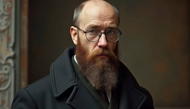 make a picture of Piotr Kropotkin from the front and further away he is bald in the middle of his head and wears glasses