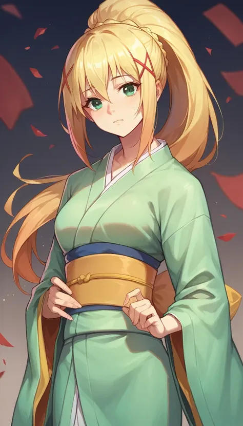 1girl, solo, japanese clothes, sash, kimono, bangs, looking at viewer, obi, gradient,darkness \(konosuba\), long hair, green eye...