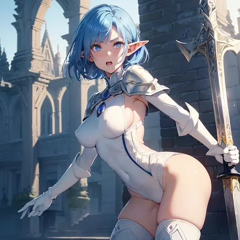 Absurdres, masterpiece, highest quality, very detailed features and textures, alone solo character, anime style, fantasy genre
{{(14 years old blue haired elf girl:(pale skin, short pointy ears, sapphire-blue very short messy hair, heterochromatic eyes, ve...