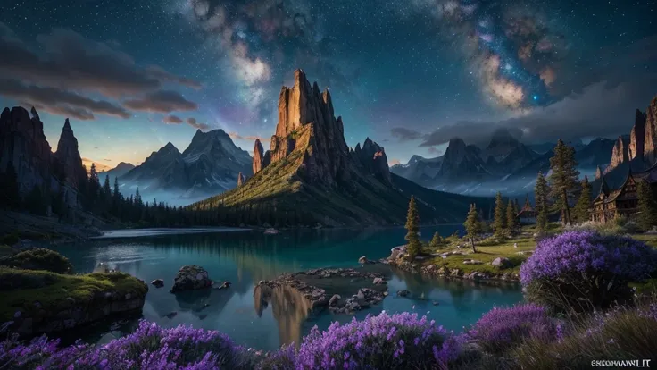 "Epic and fantastical landscape of Eternia, the world of He-Man and The Masters of the Universe. Towering, rocky mountains rise towards a sky full of intricate colors, with hazy tones and galactic sparkles. Huge ancient trees and lush vegetation cover the ...