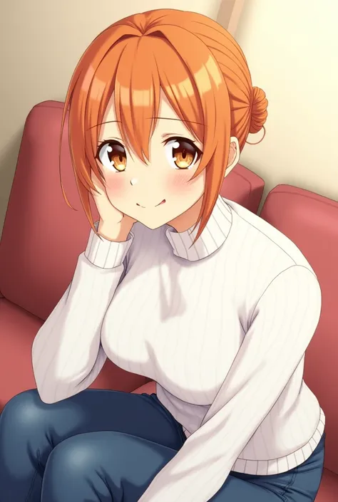 score_9, score_8_superior, score_7_superior, sauce_anime, Yuigahama, Yuigahama, Hair Bun, Mature Woman, Orange eyes, Orange Hair, short hair, single Hair Bun, Hair between the eyes, Side Lock, smile, denim, jeans, pants, sweater, turtleneck, turtleneck swe...