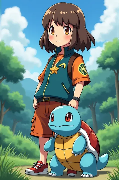 style:anime,hair color:brown,pokemon trainer,pokemon squirtel