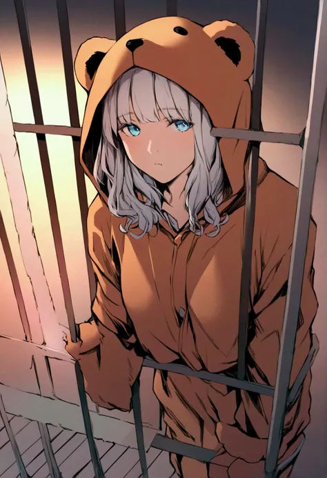 (masterpiece:1.4), (best quality:1.4), extremely detailed, intricate, hyper detailed, (PERFECT FACE), illustration,soft lighting, full_body, 1girl, lonely,  Ao hair, colorful, colorized, from_above ,bear_costume , prison 