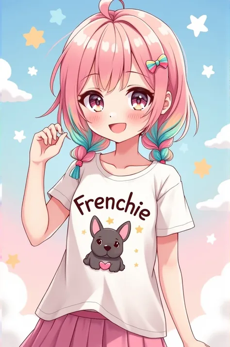 Create an image of a kawaii anime girl with a t-shirt that says Frenchie