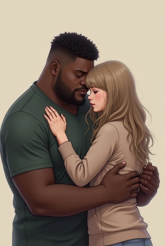 A chubby dark-skinned man and a white girl with long hair whose face cannot be seen hugging each other