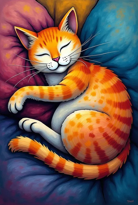 Picasso-like painting of a cat。colorful。sleepy。