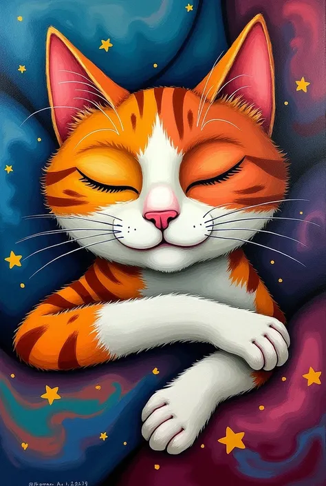 Picasso-like painting of a cat。colorful。sleepy。