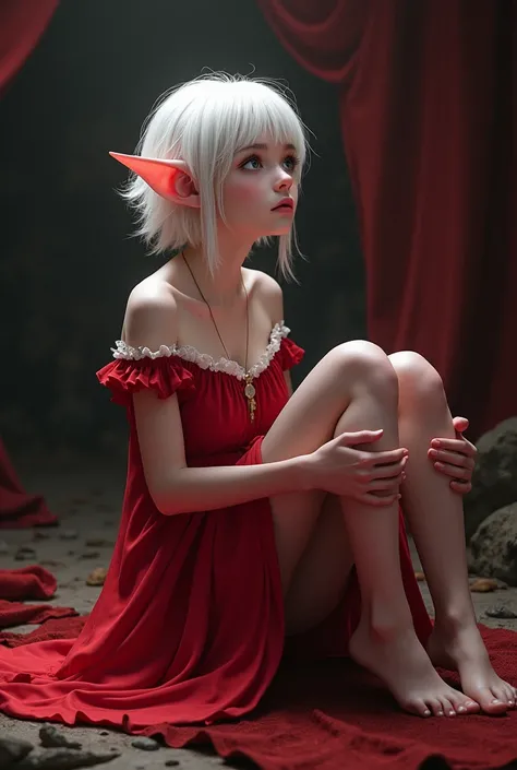 (1 girl), (of the highest quality,4k,8k,masterpiece:1.2),2.5D, girl , elf, hair rose, withe dress, background black and red, medieval cave, White skin, by the whites, short hair, pointy ears, look at the sky, sitting