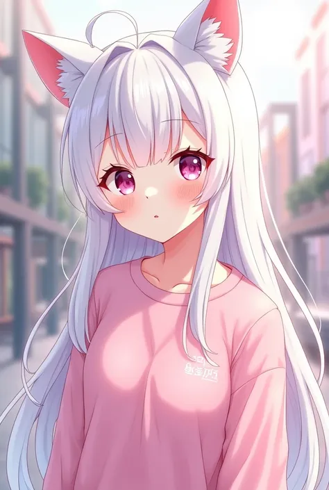 A white haired anime drawing with pink eyes cat ears pink sweatshirt half photo