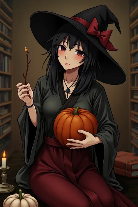 A 16 year old Japanese witch wearing a black gothic witch dress mixed with a grey kimono and a pointy witch hat, next to it there are books , candles , pumpkins and potions. 真实感.