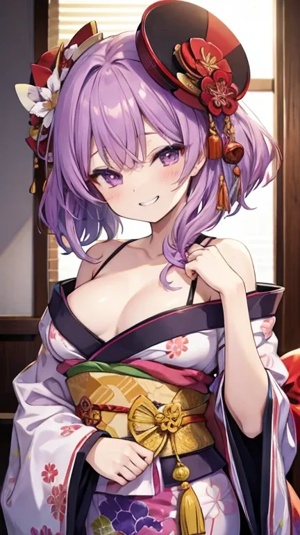 Wicked Smile、((Grin))　Hearts in the eyes　Sweating profusely　Embarrassed　Lolita　　Sticking out tongue　Oiran　kimono　Chest　Shoulder Bare　Purple Hair　Straight Hair　Small breasts