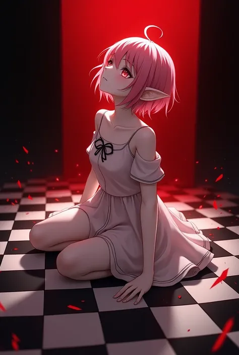 (1 girl), (of the highest quality,4k,8k,masterpiece:1.2),2.5D, girl , elf, hair rose, withe dress, background black and red, Chessboard , White skin, by the whites, short hair, pointy ears, look at the sky, sitting