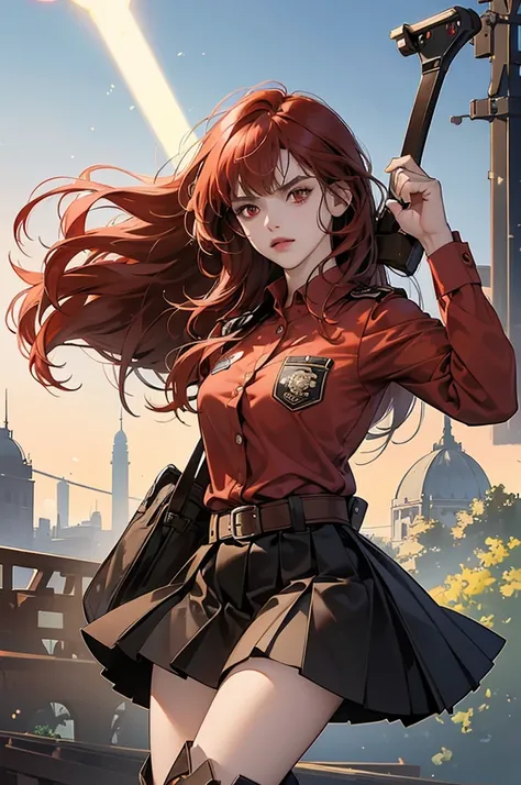 (masterpiece, best quality:1.3), (lineart:1.4), cowboy shot, holding weapon, machete, jumping, slashing, 1girl, very long hair, red hair, crossed bangs, red eyes, angry, uniform, brown shirt, pleated skirt, black skirt, thigh boots, brown footwear, indones...