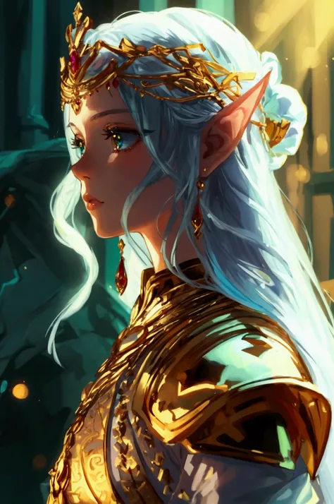 masterpiece, best quality, 8k ,4k , 1girl, elf queen, blond reddish hair, green eyes, big chest, gold wreath crown, hair ornament, finely detailed eyes and detailed face, looking at viewer, white sleeveless, Lace dress, patterned clothes, gold embroidery c...