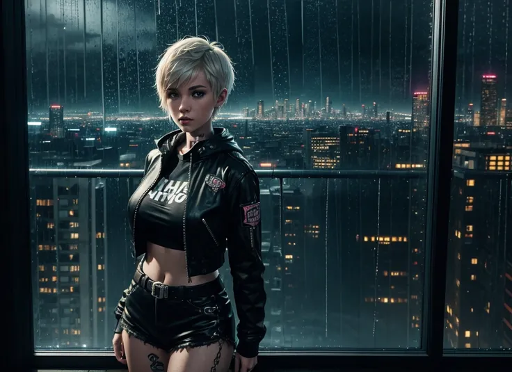 Young white woman, with short hair, big breasts, punk clothing, in a cyberpunk room, ((window with the city in the background)) ((at night)) ((rain))