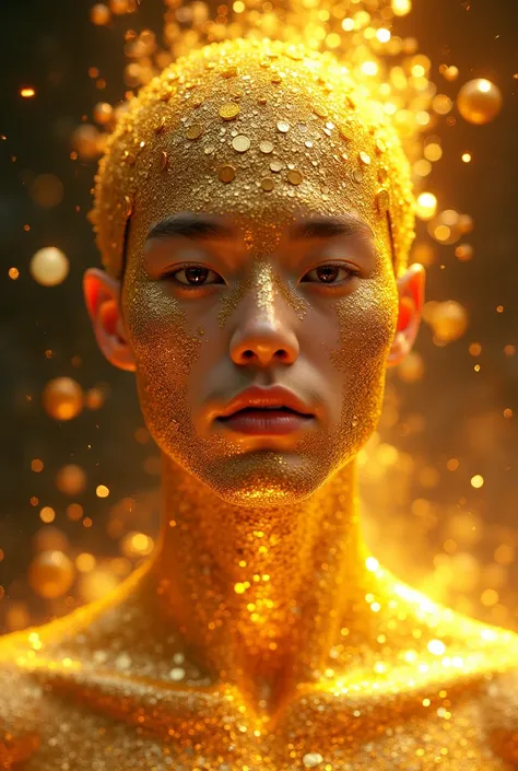 Kim Taehyung from South Korean boy group BTS has skin made of gold, coins and fire in the background