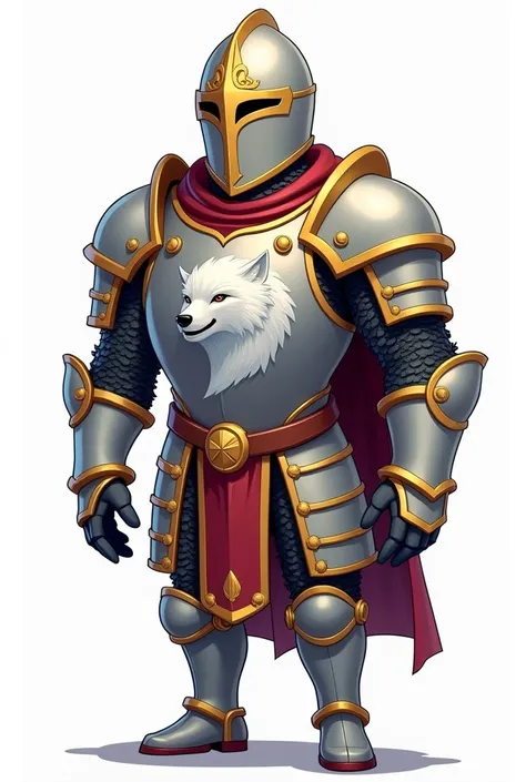 A complete armor with helmet, breastplate, metal leggings, medieval style, with golden ornaments, with an emblem in the center of the chest in the shape of a white wolf, With a slender body, on a transparent background, with a more cartoonish art style