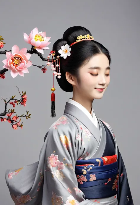 qixi, 1girl, 1boy, hair ornament, long hair, hair flower, petals, flower, hair bun, closed eyes, black hair, chinese clothes, single hair bun, wide sleeves, grey background, hanfu, standing, long sleeves, smile, hetero, cloud, lantern, 