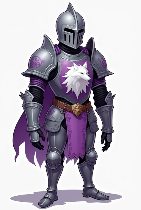 A complete armor with helmet, breastplate, metal leggings, medieval style, with purple ornaments, with an emblem in the center of the chest in the shape of a white wolf, With a slender body, on a transparent background, with a more cartoonish art style