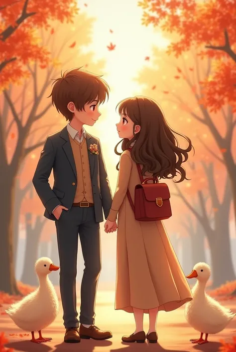 size：1242x2688 pixels，C4D Model，Young couple，Anime style，The eyes of boys and girls have a sense of brushing，A brown girl with long curly hair wearing a lady&#39;s long skirt suit and carrying a small backpack，Boys short brown hair，Wearing a casual and han...