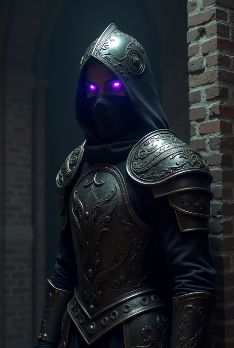 A dark brick room, a person in light plate armor, with only two eyes glowing purple