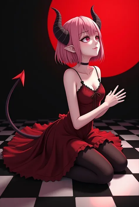 (1 girl), (of the highest quality,4k,8k,masterpiece:1.2),2.5D, girl , demon, hair rose, withe dress, background black and red, Chessboard , White skin, by the whites, short hair, pointy ears, look at the sky, sitting