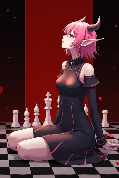 (1 girl), (of the highest quality,4k,8k,masterpiece:1.2),2.5D, girl , demon, hair rose, withe dress, background black and red, Chessboard , White skin, by the whites, short hair, pointy ears, look at the sky, sitting