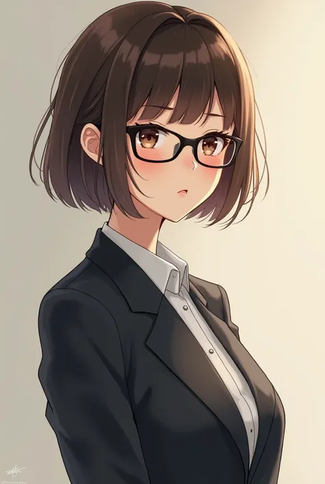 A shy smiling Japanese woman　Glasses　bangs　Brown Hair　suit　