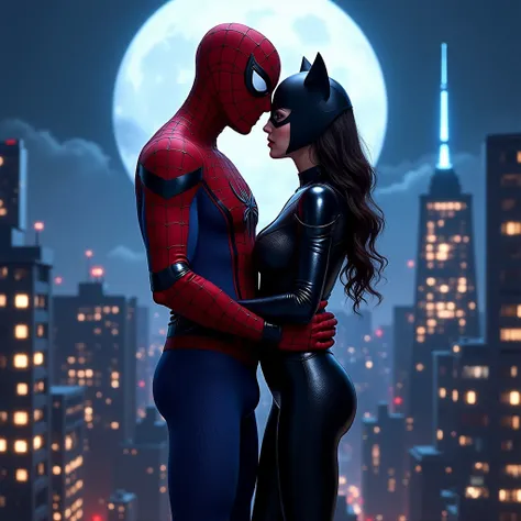 Spider man with Catwoman love, full body image, night in the City lights, beautiful moon.