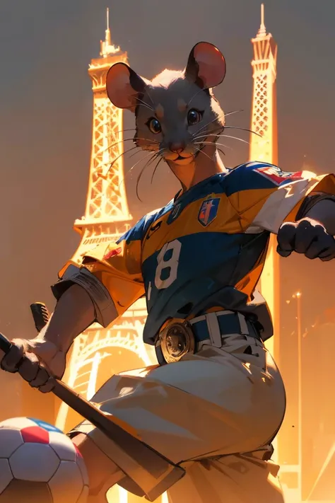 a photorealistic anthropomorphic mouse wearing a world cup soccer jersey kicking a soccer ball at the Eiffel Tower, the jersey has the arabic numeral 8, anthropomorphic, dramatic lighting, 8K, portrait, extremely detailed, intricate details, cinematic ligh...