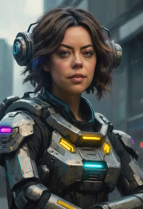 Aubrey Plaza, detailed cyberpunk armored scifi tank, neon highlights and trim, oversized scifi weapon, lead tank for MMO group, cyber Tokyo, hyper realistic, cinematic lighting, 8K, high resolution, masterpiece, dramatic pose, intense expression, dynamic a...