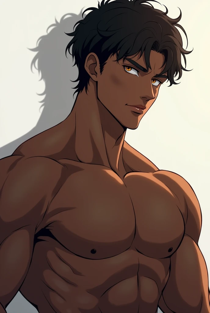 anime boy ,robust, dark muscular, amber eyes, short wavy black hair, shy , serious 