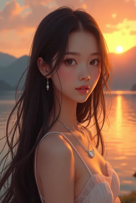 1 girl, serene expression, mesmerizing eyes, long straight hair, fully nude, poised posture, porcelain skin, subtle blush, crystal pendant BREAK golden hour, (edge ​​lighting): 1.2, warm tones, sun flare, sun flare, soft shadows, vibrant colors, painterly ...