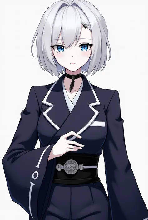 White hair unpicked short style,blue eyes,School uniform type suit with black obi with white details,Gold and Blue ,Uncovered shoulders ,black low heel shoes ,Gray tights ,Black choker with feather pendant ,Tez blanca,thin and with black lined eyes, With b...