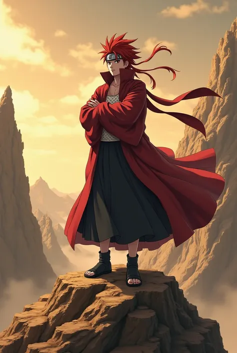 gaara with arms crossed on top of a mountain