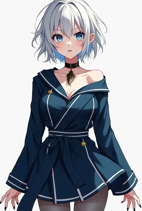 White hair unpicked short style,blue eyes,School uniform type suit with black obi with white details,Gold and Blue ,Uncovered shoulders ,black low heel shoes ,Gray tights ,Black choker with feather pendant ,Tez blanca,thin and with black lined eyes, With b...